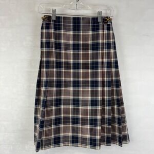 Tory Burch Navy, Cream & Burgundy Plaid Midi Skirt